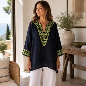 Barbara Gerwit NWT Navy Linen Greek Key Embroidered Tunic Top L
